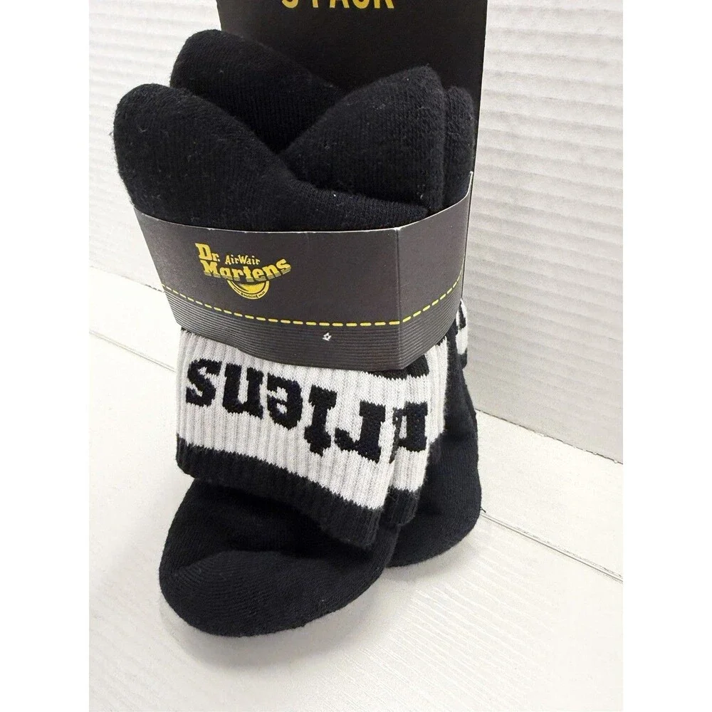 Dr. Martens 3 Pack Athletic Crew Socks Black White Logo S/M US 3-8 NWT